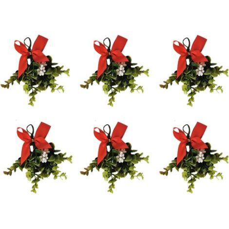 Branche de gui artificiel pour décoration de sapin de Noël, avec baies blanches et ruban rouge, 16 cm de long, lot de 6