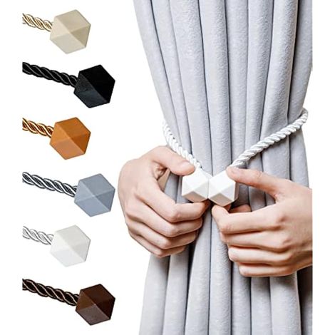 Embrasses magnétiques pour rideaux, Porte Rideaux - Mise à niveau 2022 avec une corde torsadée plus épaisse et un aimant puissant - Embrasse de rideaux décorative faite à la main (blanc, 2) (1/5)