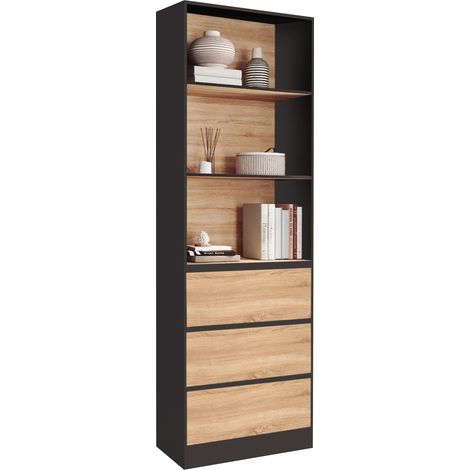 Idmarket – Bibliothèque CARLA 3 niveaux 3 tiroirs – Noir et effet bois – Dimensions 190 x 60 x 30 cm – Espace de rangement optimisé