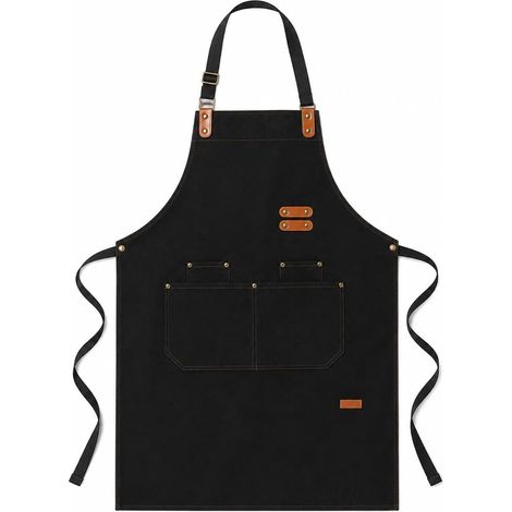 Tablier de Cuisine en Toile Noir avec 4 Poches Tablier en toile déperlante avec 4 poches, tour de cou réglable et finitions aspect cuir pour cuisine, barbecue et café. (1/5)