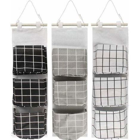 Juego de tres bolsas de almacenamiento de pared, con tres bolsillos, ideales para habitaciones infantiles, baños y dormitorios. Disponible en tres colores. (1/4)