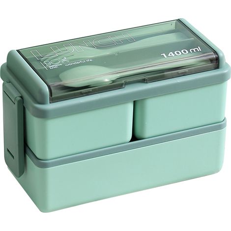Boîte à bento verte à deux compartiments avec séparateur, en plastique de qualité alimentaire, compatible micro-ondes, idéale pour les pique-niques. (1/5)