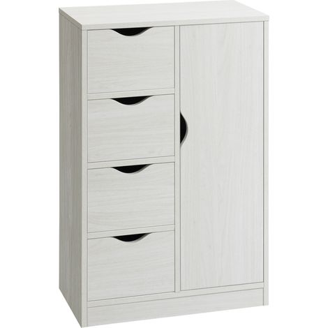 Credenza/cassettiera moderna in legno con 1 anta e 4 cassetti - per soggiorno, cucina, ingresso, sala da pranzo - bianca