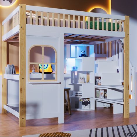 Letto rialzato 140x200 cm con LED, scala portaoggetti, vano portaoggetti aperto e scrivania, senza materasso, bianco (1/5)