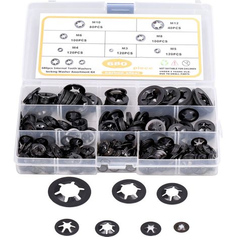Kit de 680 rondelles frein à dents internes plates en acier carbone M3-M12 (1/5)