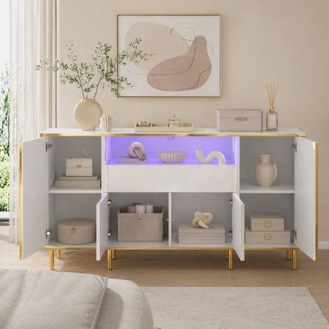 Buffet 150x40x80 cm en panneaux de bois et MDF blanc, avec rangement pour salle à manger FloraGrace (1/5)