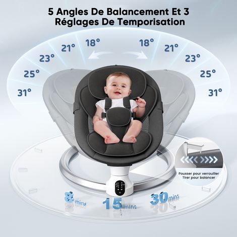 Berceau électrique bébé avec app et télécommande, harnais 5 points, 10 mélodies Bluetooth intégrées, 5 vitesses de balancement, charge 9 kg (0-6 mois, garçons et filles).