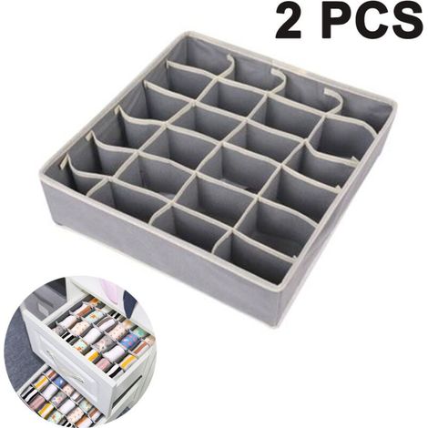 Lot de 2 boîtes de rangement pour sous-vêtements et autres petits accessoires, séparateurs de tiroirs pliables à 24 cellules pour le rangement de chaussettes, écharpes, soutiens-gorge, gris (1/5)