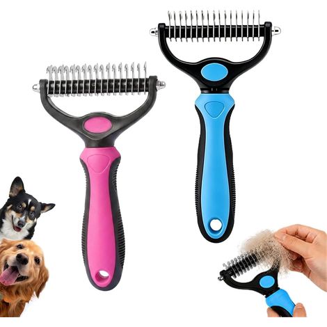 Ensemble de 2 outils de toilettage professionnels double face — Râteau de démêlage pour animaux — Convient au toilettage des chiens et des chats (Bleu + Rouge) (1/5)