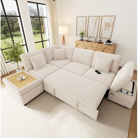 Divano angolare a L modulare 6 posti trasformabile 247,5x172x87 cm beige con 2 pouf (1/5)