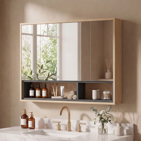 Meuble Salle de Bain avec Miroir, Armoire Murale 3 Portes, 8 Compartiments, Chêne (1/5)