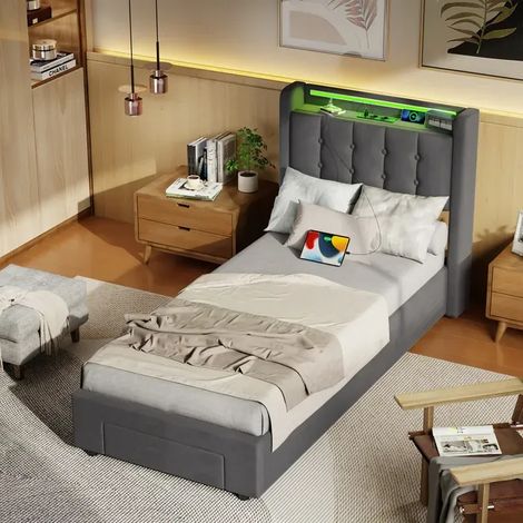 Cama con almacenamiento 90x190 cm con cajones, 2 enchufes eléctricos y 2 puertos USB, iluminación LED, tapizada en terciopelo gris oscuro (colchón no incluido) (1/5)