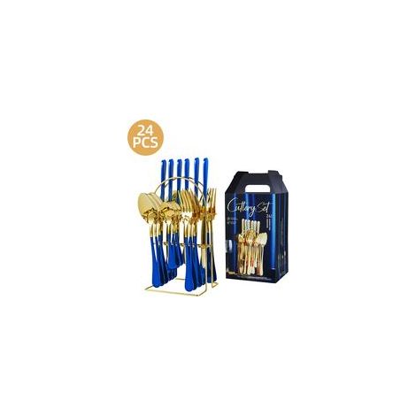 Ménagère 24 pièces en acier inoxydable avec support, finition miroir, pour 6 personnes, compatible lave-vaisselle, bleu et or (1/5)