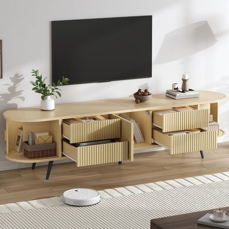 Meuble TV ovale 180x40x45 cm design à rayures verticales, avec 4 tiroirs et 1 placard couleur bois naturel, convient 80 pouces (1/5)