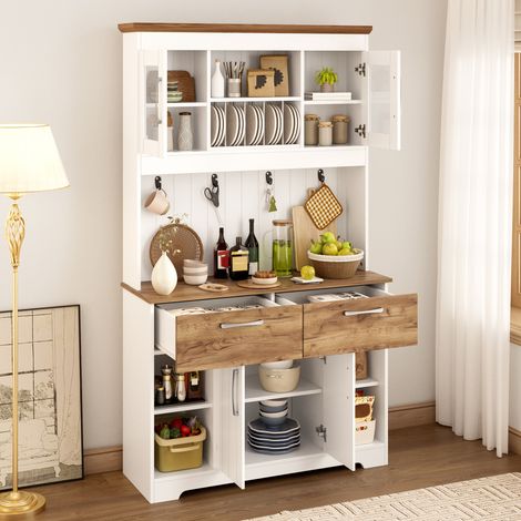 Aparador de cocina 106x39x176.5 cm blanco y natural en tablero de partículas con vitrinas, 2 cajones y ganchos (1/5)