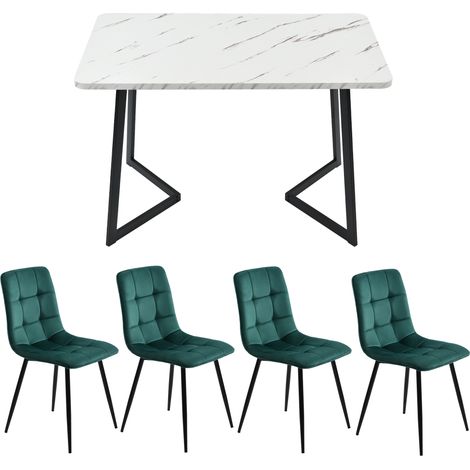 Rechteckiges Esszimmer-Set 117 cm mit 4 Stühlen aus dunkelgrünem Samt (1/5)