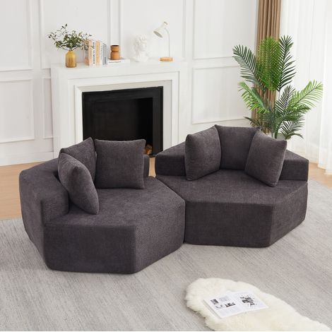 Sillón modular hexagonal, con cojines, tejido chenilla gris, relleno de espuma y muelles (1/5)