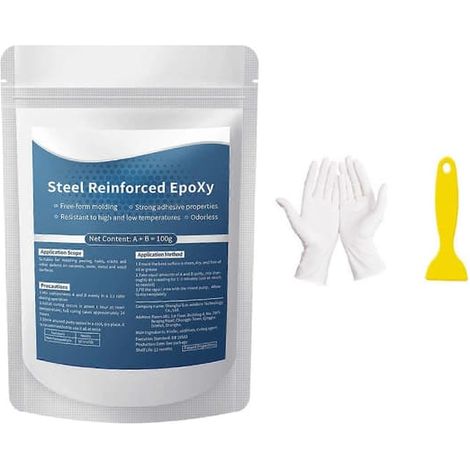 Mastic époxy renforcé d'acier 100 g, pâte de réparation métallique bicomposante haute résistance avec grattoir et gants, imperméable et résistant à la chaleur (1 kit) (1/5)