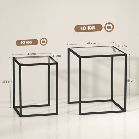 Lot de 2 tables d'appoint basses, empilables, piètement métal noir, style contemporain pour séjour, design épuré. (1/5)
