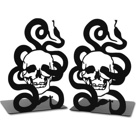 1 paire de serre-livres en métal noir avec motif tête de mort - Serre-livres en fer pour étagères - Squelette moderne - Serpent creux - Organisateur de bureau pour bibliothèque, maison, école, bureau (1/5)