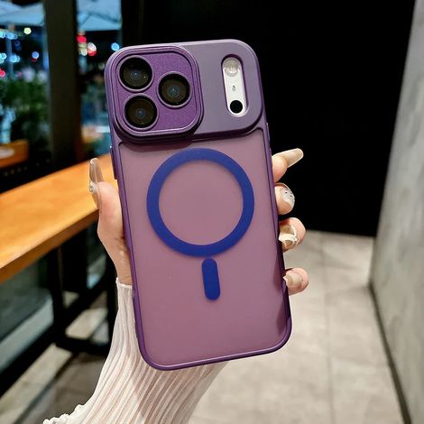 (Violet, iPhone 15 Pro) Coque de téléphone mate semi-transparente, compatible avec la recharge sans fil magnétique, coque rigide antichoc.