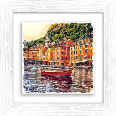 Lupia - Quadro moderno con paesaggi e localismi italiani, Ceramica e Stampa Rilievo, Cornice Legno Shabby Modern bianca, Decorazione Parete, Quadretti Soggiorno, 29x29 cm, GENOVA COSTA (1/4)