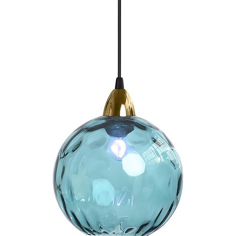 20cm/7.9'' Lampe à Suspension Sphérique Industrielle en Verre, Lampe de Plafond Suspendue E27, Finition Dorée et Abat-Jour en Verre Ondulé, Plafonnier Pour Salle à Manger (Bleu azur, 20cm) (1/5)