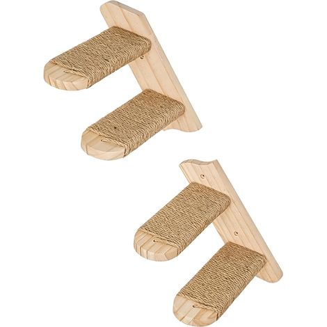 Escalier Mural pour Chat 2 marches en Bois Massif de pin avec Corde en Jute, 41 cm, supporte 10 kg, Montage incliné Gauche/Droite ou séparé (1/5)