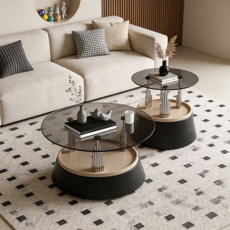 Set de 2 tables basses gigognes, plateau rond en verre trempé, structure métal, design gain de place - noir (1/5)