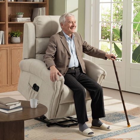 Fauteuil releveur relaxant électrique avec massage et chauffage intégrés, dimensions 87 x 87,5 x 108 cm, teinte beige, idéal pour salon et confort senior. (1/5)