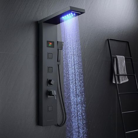 Tower shower panel with mixer tap, 5 function shower column with LED temperature display rain and waterfall, massage jets, hand shower and bath spout, shower panel made of (1/5)