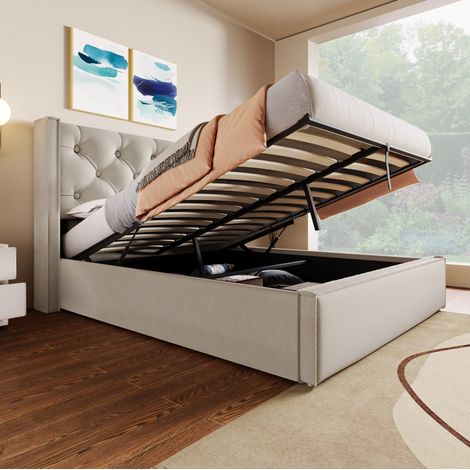 Bett Doppelbett 160x200 cm, Hellgrau, gepolstertes Kopfteil und Stauraum mit Gasdruckfeder
