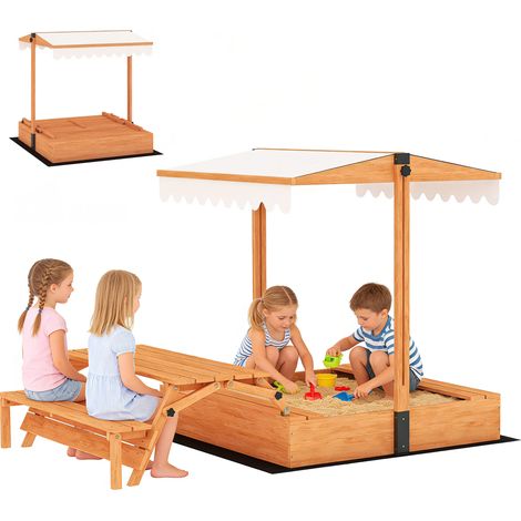 Sandkasten mit Holzdach, klappbarem Picknicktisch und Bänken für Kinder von 3–8 Jahren, 184 x 110 x 120 cm, braun