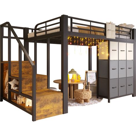 Lit mezzanine 90x200 cm avec escalier de rangement, lit enfant avec bureau d’angle, étagères, 2 tiroirs et sommier inclus, bois, blanc