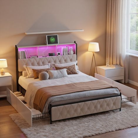 HYTKKBD – Lit avec Tiroirs 180x200cm,Lit Capitonné avec Éclairage LED,Ports USB et Type-C,Lit Double avec 4 Tiroirs de Rangement,Tête de lit avec Rangement,Velours,Beige