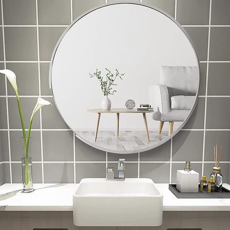 Miroir Mural Suspendu, Miroir Rond en Verre HD pour décorer, Salle de Bain, Salon Chambre, 50x50cm (1/5)