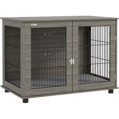 2-in-1 Hundekäfig, grauer Beistelltisch mit abnehmbarem Plüschkissen, abschließbare Tür, 100 x 60 x 73,5 cm, ideal für kleine Haustiere, Designer-Interieur.