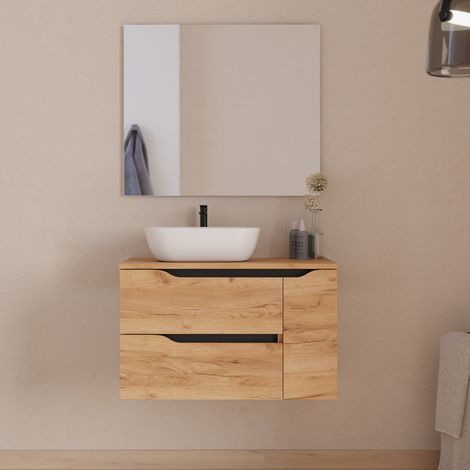 Meuble de salle de bain 80cm avec plateau, vasque à poser déportée à gauche Zeus et miroir - 2 tiroirs et un placard - roble (chêne clair) - ZARZA