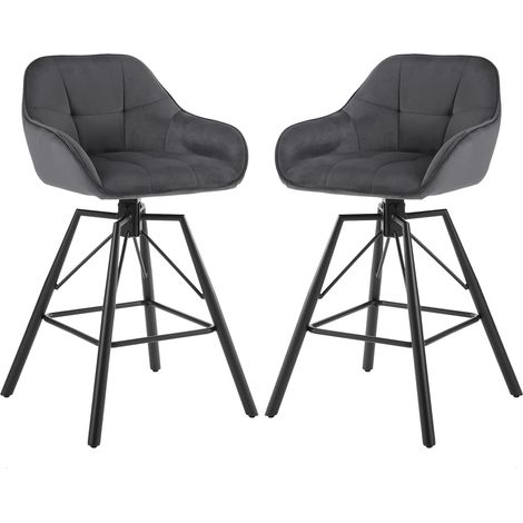Woltu – Lot de 2 tabourets de bar en velours – Hauteur d'assise 72 cm – Cadre en métal – Siège rembourré pivotant 360° – Dossier et repose-pieds – Gris foncé