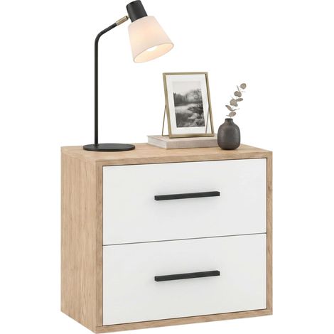 Mesita de Noche Rosi Dormitorio 2 cajones tiradores negros melamina Roble Cambrian y Blanco Mate 40x42x28 cm