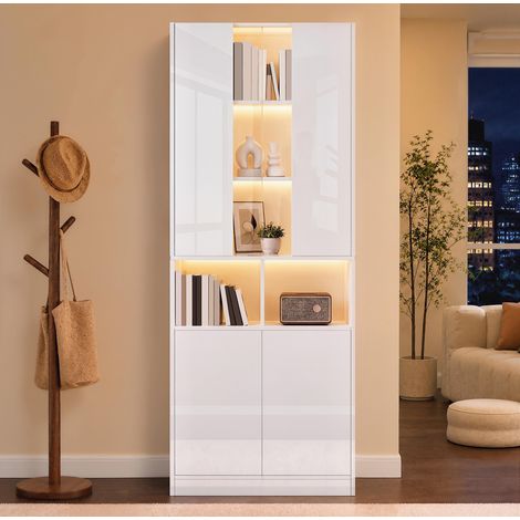 CHICFURN Vetrina alta 70x35x180 cm in MDF bianca con LED regolabile via app e vani (1/5)