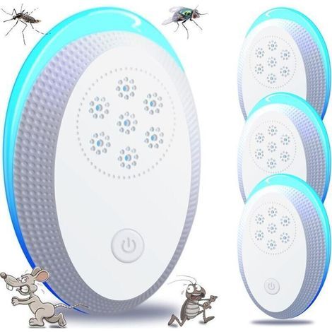 Anti Moustique Ultrason Prise, Ultrason Souris Mouche 4 Paquets, Appareil Repulsif Souris Efficace pour Repousser Les Rats, Les araignées, Les moustiques, Les Souris, Les cafards Blanc (1/4)