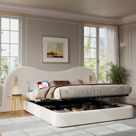 Lit coffre 180x200 cm - avec hydraulique, sommier à lattes, ports USB et tête de lit - blanc - sans matelas