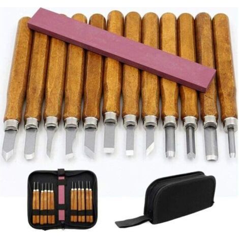 Couteau de sculpture manuel en bois pour découpe de caoutchouc et matériaux souples – Lot de 12 couteaux artisanaux + 1 pierre à aiguiser rouge – Idéal pour la sculpture, la gravure et le modelage cré (1/2)