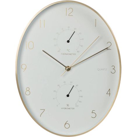 WELLHOME Horloge murale en aluminium avec bord doré, thermomètre et hygromètre 34,5x27,1 cm (1/3)
