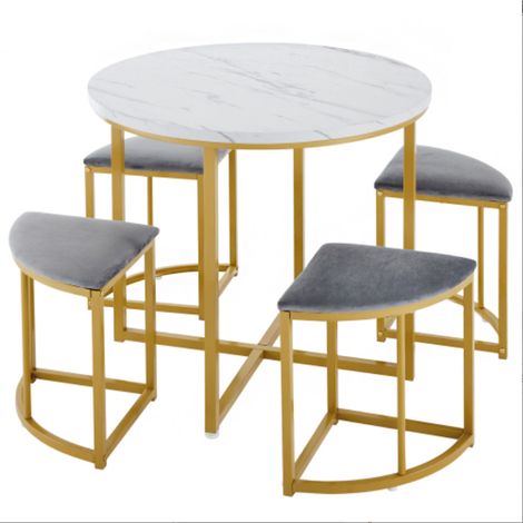 Ensemble table et chaises de salle à manger, avec plateau en MDF et structure en fer doré, chaise en velours, style moderne et luxueux, gris (1/2)