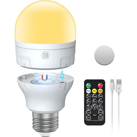 Ampoule Rechargeable USB-C Avec Télécommande, Ampoules LED AC100-240V E27 7W, Ampoule Rechargeable à Commande Tactile Et Intensité Variable 3 Couleurs, Lampe De Secours 2000mAh Avec Aimant, Lot de 1 (1/5)