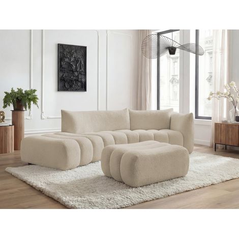 BOBOCHIC - Canapé incurvé fixe 4 places AZRA tissu bouclette avec pouf Angle droit  Beige