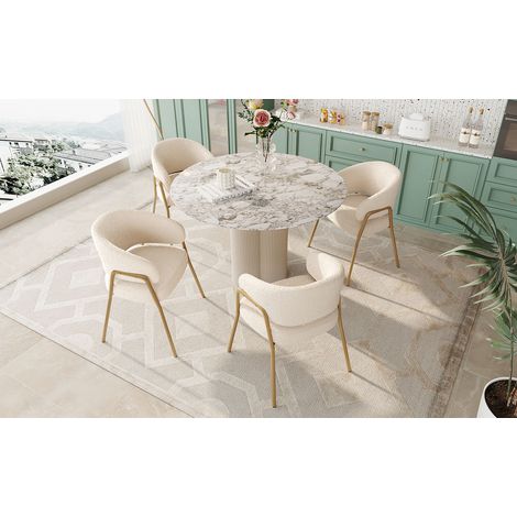 Chaise blanche à manger Fauteuil moderne en velours d’agneau en spray doré (4 pièces),chaise à manger avec pieds dorés (1/5)