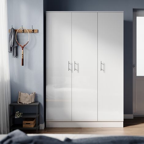 ELEGANT Wardrobe Triple Door White High Gloss Bedroom Closet Storage Furniture with Shelves, Metal Handles, Hanging Rail, 1200 x 500 x 1800 mm (1/5)